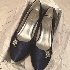 Blue satin kitten heels with jewel accent